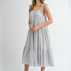 NWT MABLE Blue Vintage Floral Print Ruffle Trim Cottagecore Tiered Midi Dress